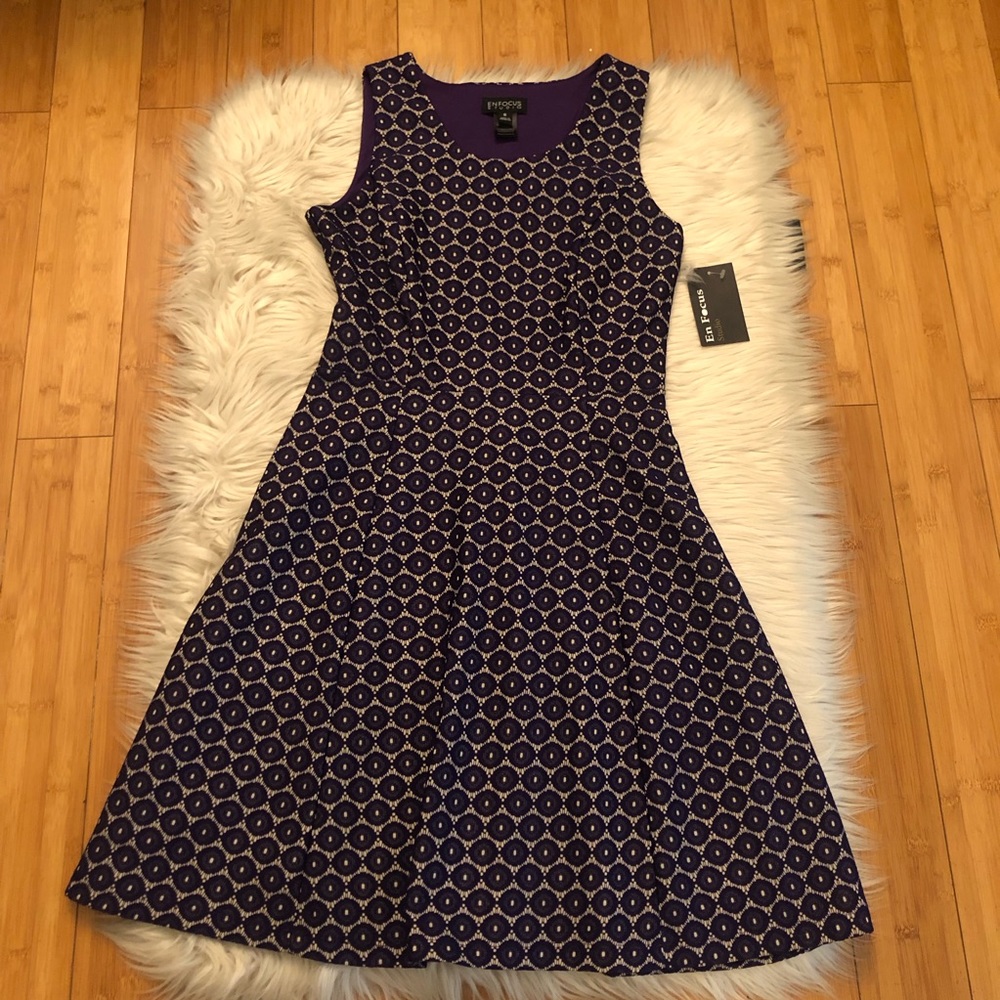 En Focus Polka Dot Lace Fit and Flare Sleeveless Purple Women Mini Dress, size 8